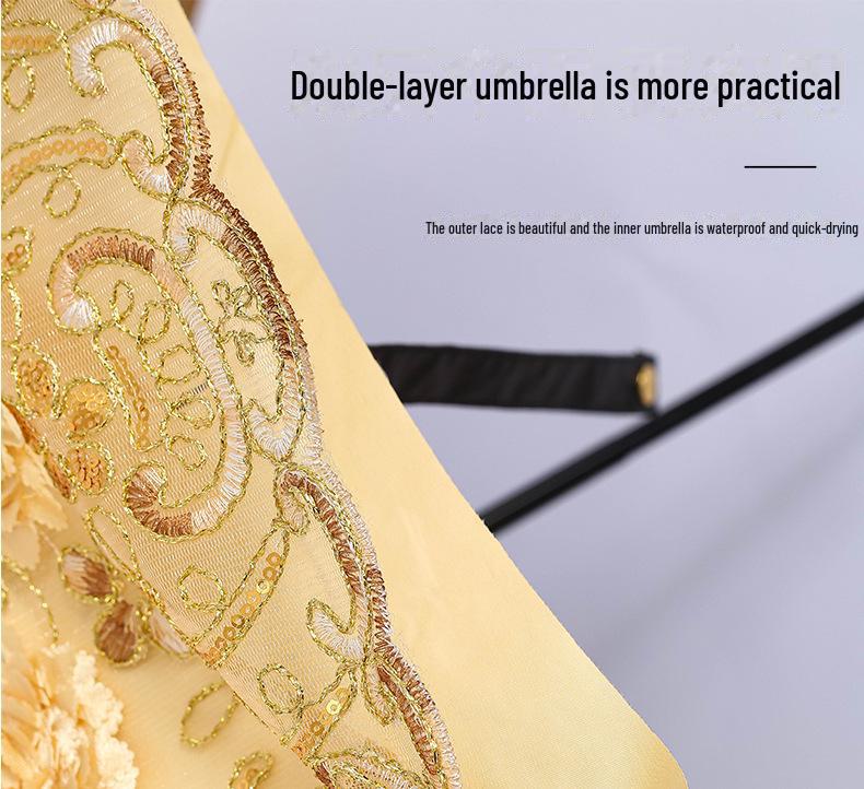 Retro Spetsbroderi UV-Blockerande Svart Paraply - Dubbelanvändbart Solskydd för Kvinnor
