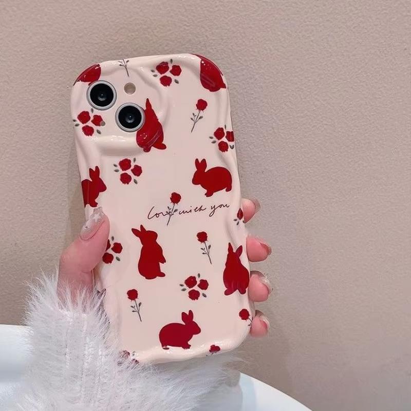Red Flowers Rabbit Pattern Phone Case For iPhone 17 16 15 14 11 Pro Max Plus 13 12 Mini 16E 17 Air XS Max XR Bumper Clear Cover