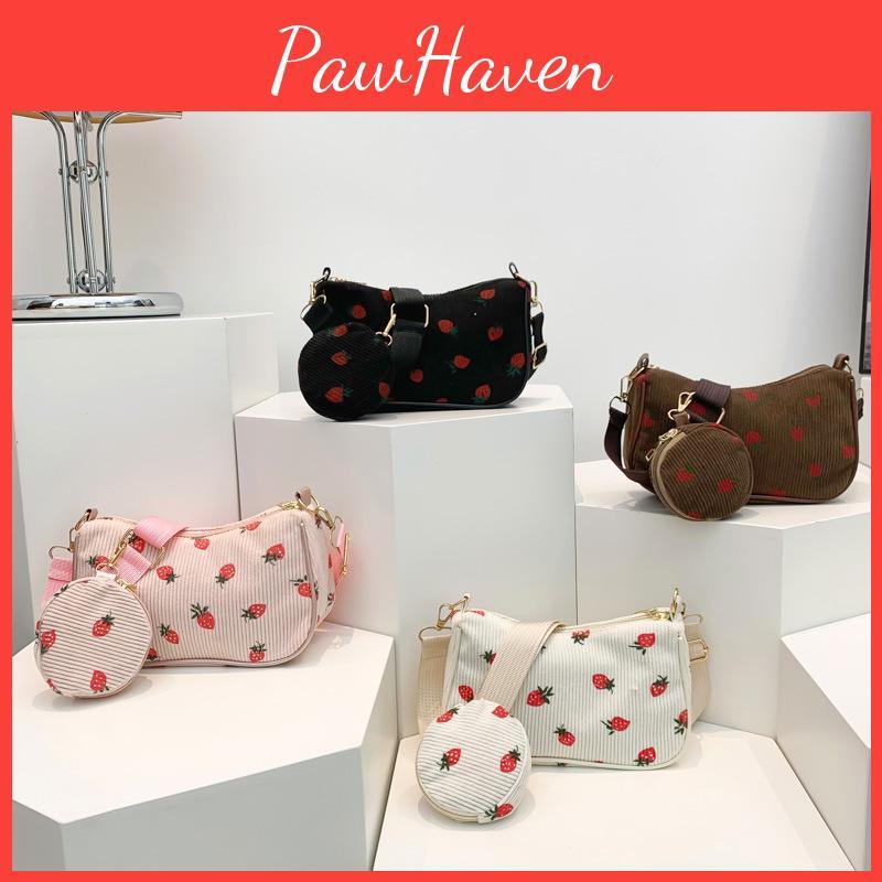 Print Corduroy Strawberry Shoulder Bag Fashion Girl Pillow Bag For Casuals Daily