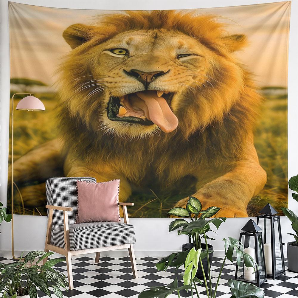 Lion Winking in Golden Savannah Pattern Wall Hanging Tapestry Decorative Tapestry Home Decor for Bedroom and Living Room