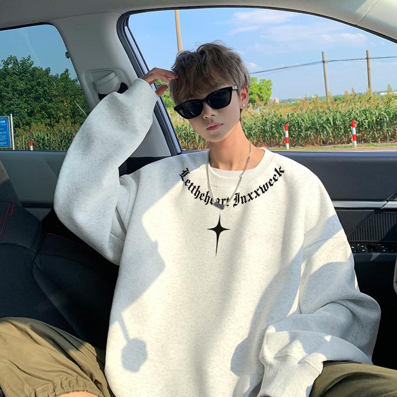 Men s Winter 2025 White Round Neck Hoodie with Plus Velvet – Trendy Loose-Fit Top XL