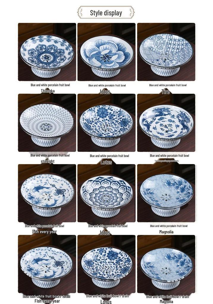 Blue & White Porcelain High-Footed Fruit Bowl for Tea Room or Coffee Table
