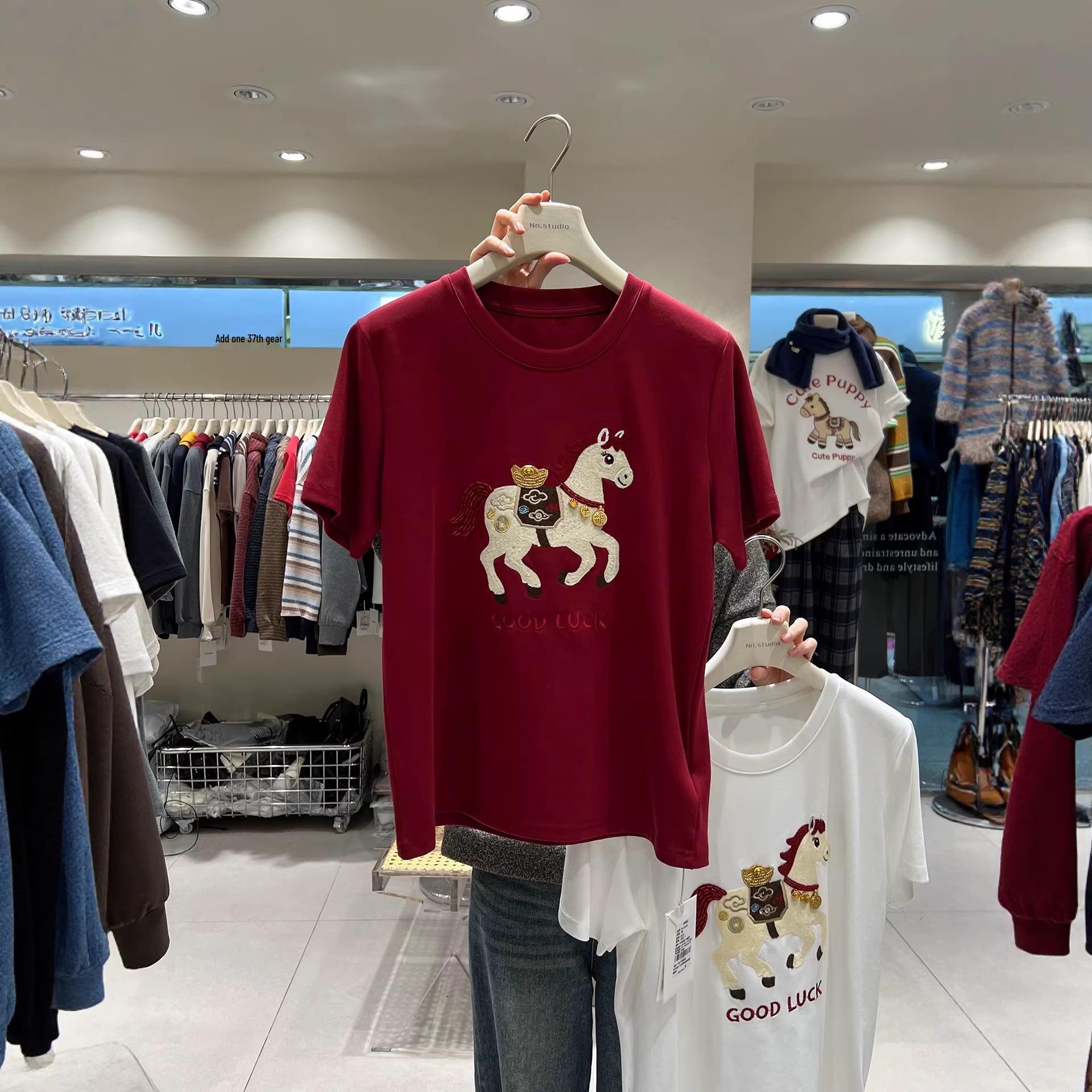 Women s Plus Size Embroidered Little Horse Short Sleeve Thermal T-Shirt for Autumn/Winter 2XL (160-180 jin)