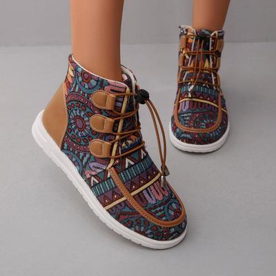 Automne Hiver Bottes Confortables et Élégantes pour Femmes Bout Rond Bottine Plate Plateforme Décontractée à Lacets Chaussures de Mode pour Dames