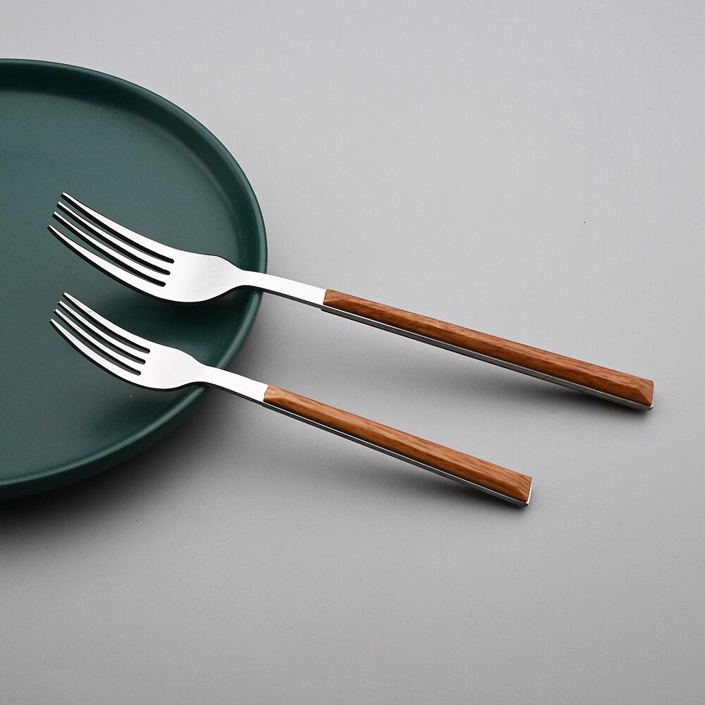 16 Pcs Stainless Steel Dinnerware Sets Glossy Silver Wooden Tableware Western Food Knife Fork Teaspoon Flatware Cutlery Set