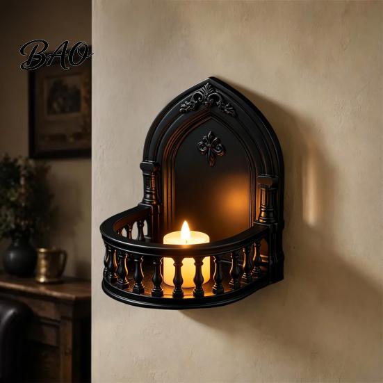 Gothic Bedroom Decor Wall Shelf, Vintage Floating Shelf for And Living Room, Matte Black Pointed Arch Decorative Wall-Mounted Display Rack with