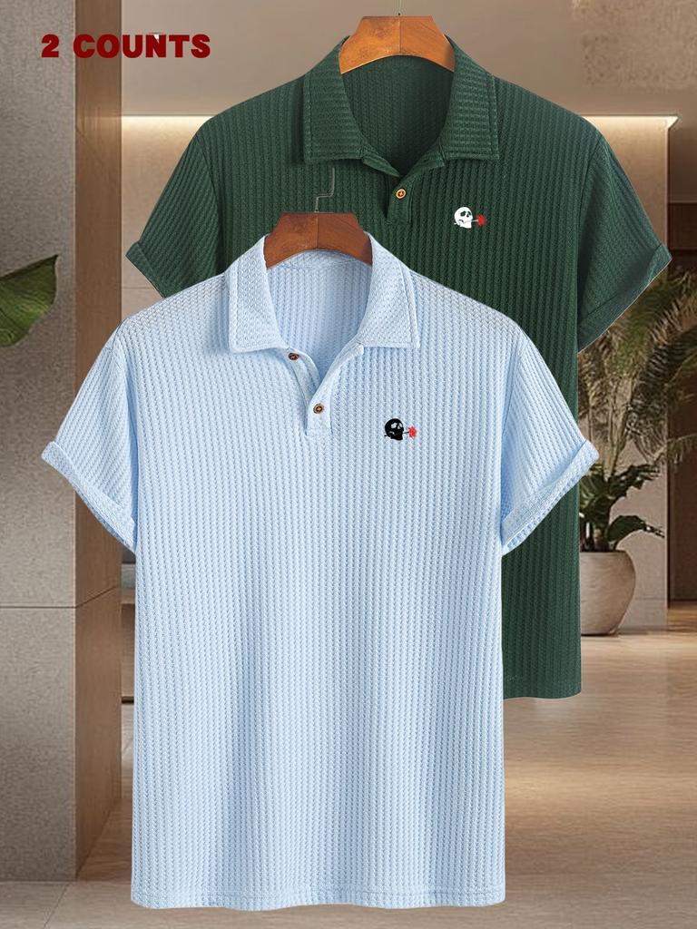 2pcs Men's Work Shirts Skull Rose Print Summer Textured Jacquard Short-Sleeve Polo Shirt Comfortable Casual Soft Knit Collared Daily Business Top