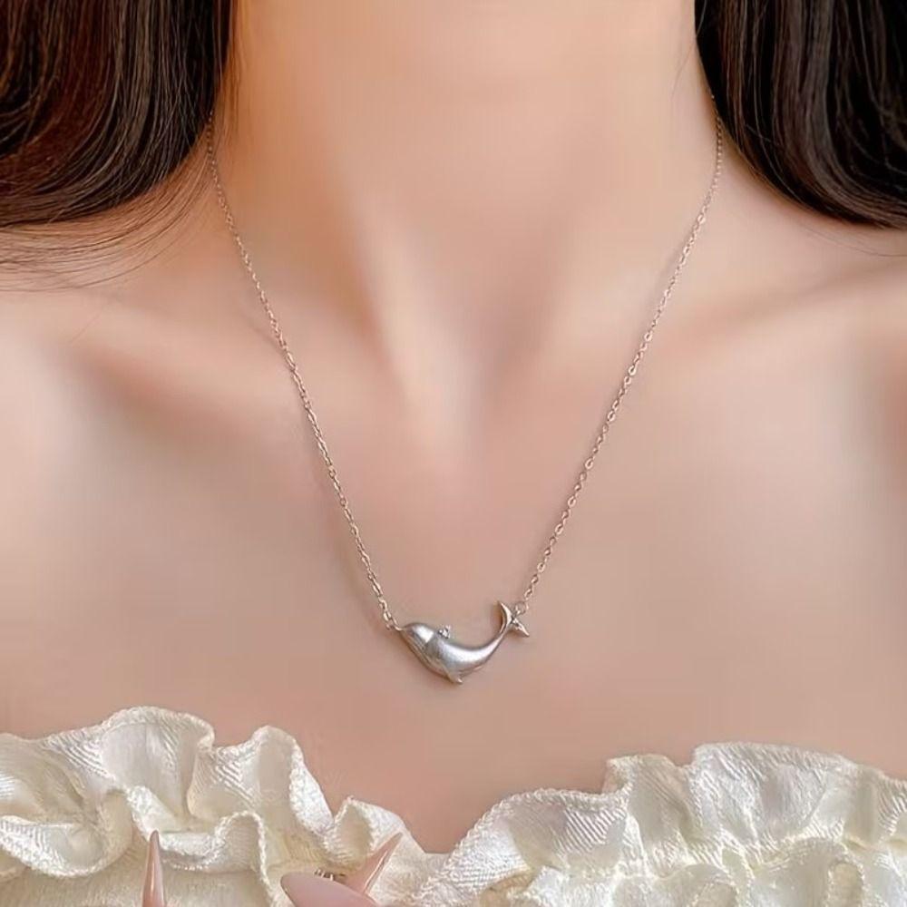 Copper Clavicle Chain Silver Zircon Pendant Cute Whale Pendant Necklace  Accessories