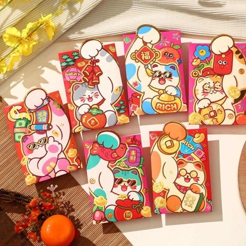 6 pieces Cartoon Red Envelopes Fortune Cat Festive Lucky Money Bag Traditional Blessing New Year Lucky Packets Birthday Gift