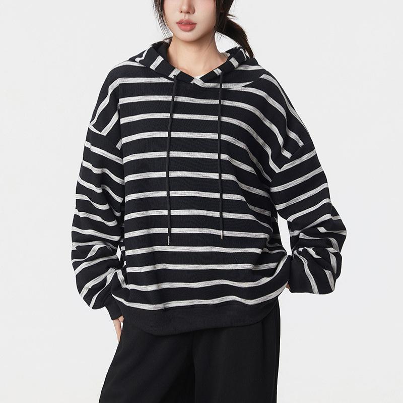 

340G rice wool compound milk, striped contrasting sweater, thin autumn loose and versatile top 3 чорний