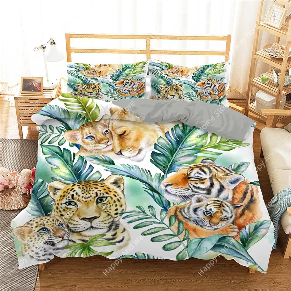 Dżungla Zwierzęta Miękka Poszewka na Kołdrę Rozmiar King/Queen Rośliny Tropikalne Liście Palmy Pościel dla Chłopców Tygrys Dzikie Zwierzęta 2/3 szt. Poliester Wygodna Poszewka na Kołdrę