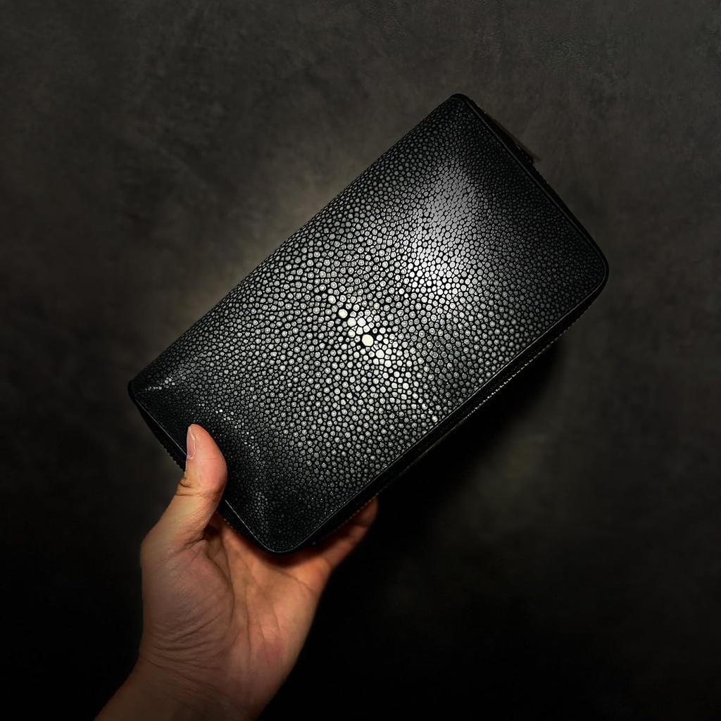 [Revetta] Stingray Leather Long Wallet, Black, Round Zipper, Gold, Galuchat Stingray Leather, Men's Genuine Leather [075-3stw]