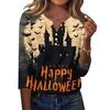 Women's Casual Halloween Print V Neck Button Front Three Quarter Sleeve T Shirt Top Lightweight Soft Fabric Comfortable Fit
