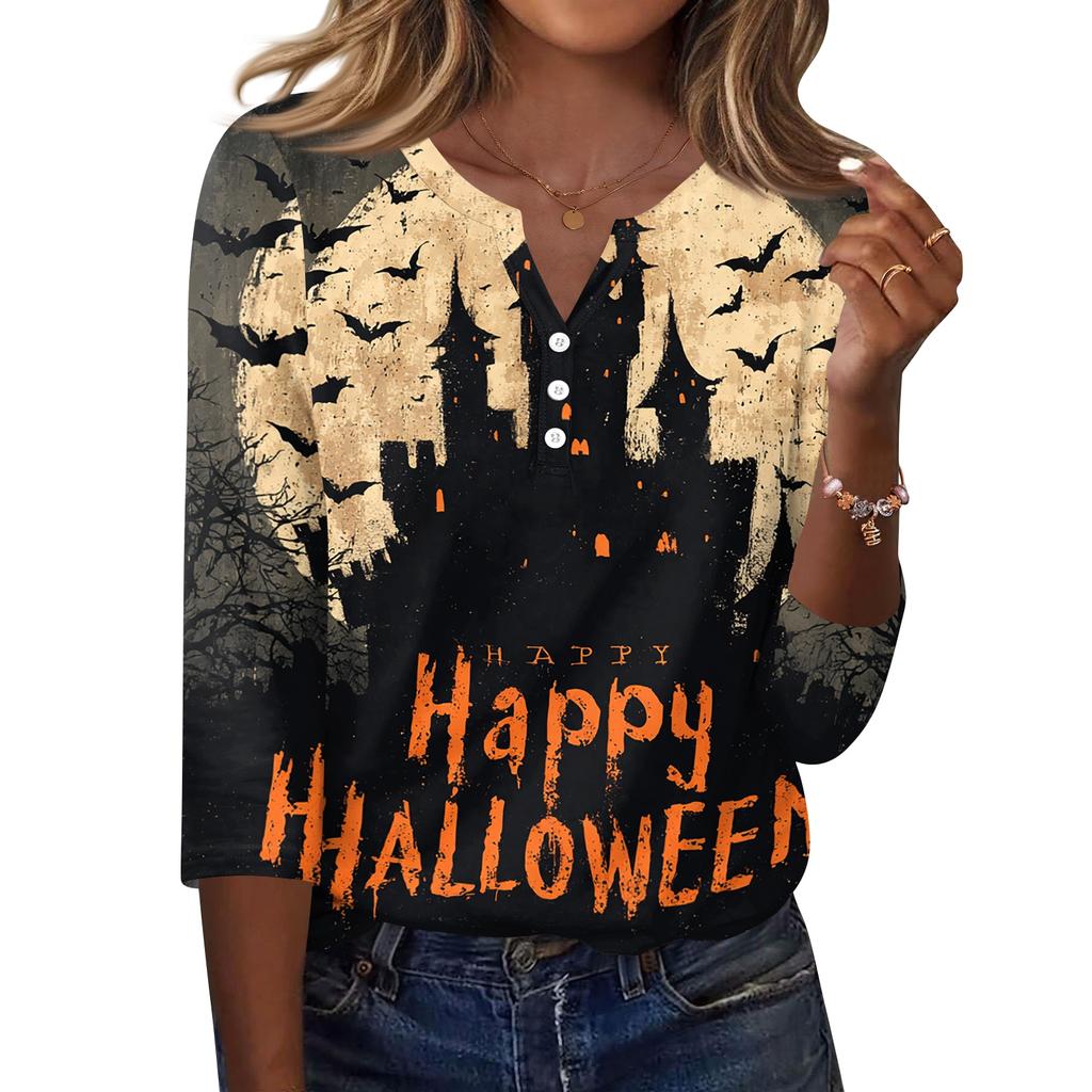 Women's Casual Halloween Print V Neck Button Front Three Quarter Sleeve T Shirt Top Lightweight Soft Fabric Comfortable Fit