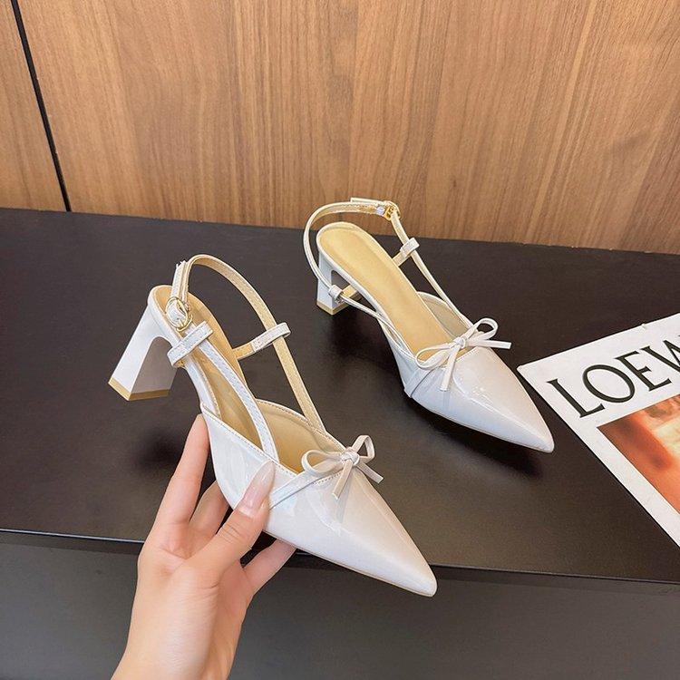 

Soft leather version~ French temperament pointed head bow not tired feet high heels fairy style thick heel bag head sandals 40