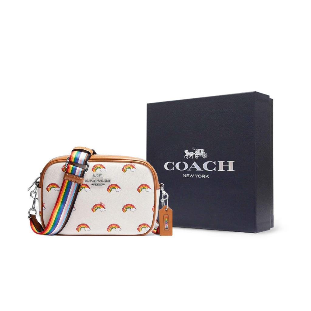 Coach Jamie 19 Silver Metal Logo Rainbow Print Coated Canvas And Leather Camera Bag Women Shoulder Bag Beige Brown CJ647-SVCAH