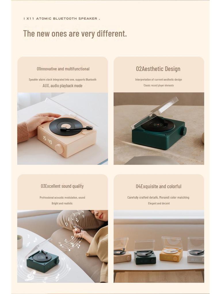 Kreativer Atomic Schallplattenspieler mit Bluetooth: Multifunktions-Wecker, Lautsprecher, Audio-Karte, Intelligentes Drahtloses Desktop-Gerät