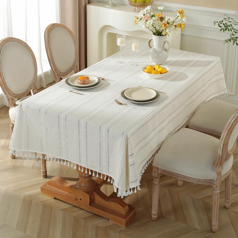 Rustic Embroidery Table Cloth, Cotton Linen Stripe Tassel Tablecloth Antifouling Dust Proof Table Cover For Kitchen Dining Decor