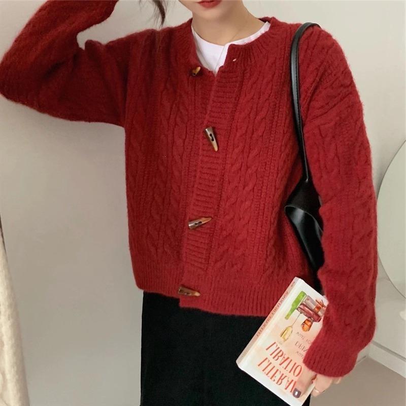 Women Solid Color Round Neck Horn Button Short Knit Cardigan Sweater Outerwear