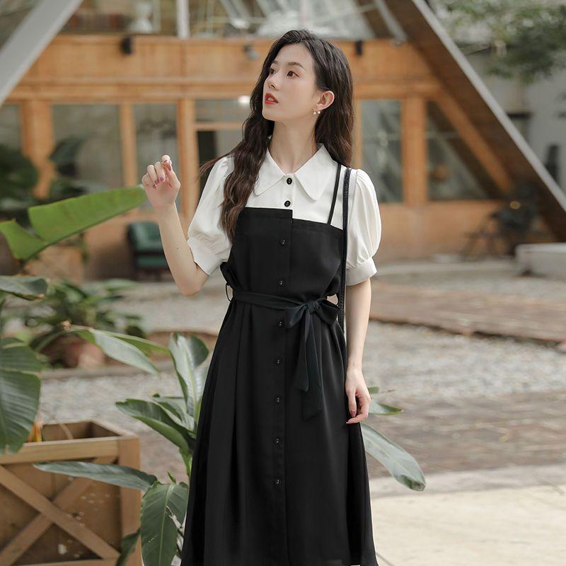 Spring and Autumn Temperament Fake Two Piece Skirts Academy Style Long Sleeve Medium Length Waist Slim Shirt Dress