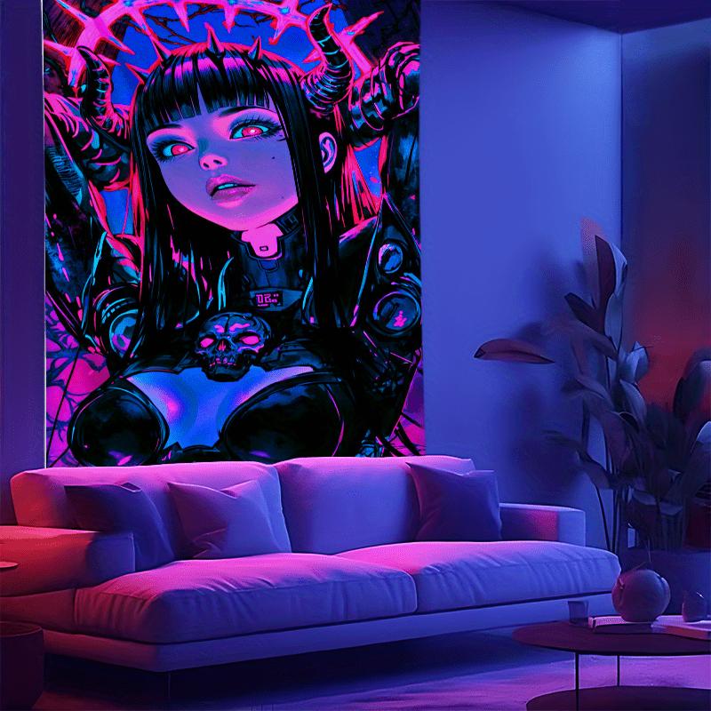 Neon Cyberpunk Warrior Girl Tapestry  Vibrant Wall Hanging with Futuristic Design for Bedroom and Living Room Decor