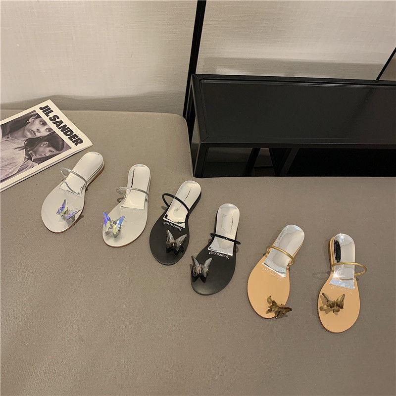 Beach shoes women's 2025 summer new pigeon eggs butterfly rhinestone cover toes flat bottom height increase outer wear cool slippers women