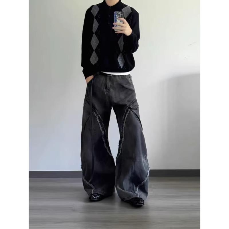 Miu Style Diamond Pattern Polo Sweater - Men s Autumn Retro Jacquard Knitwear, Old Money American Long Sleeve Top 2XL