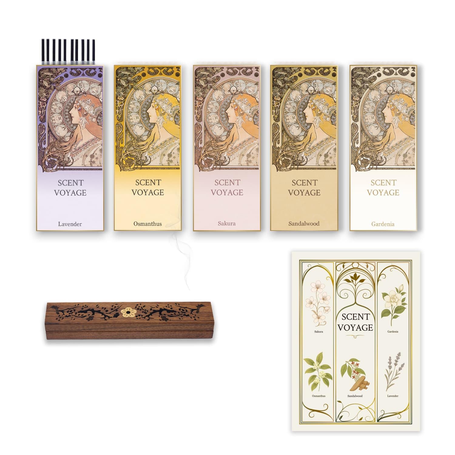 

Five Japanese-made incense sets featuring aromas of osmanthus, sandalwood, and more. [Scented to soothe the soul] Low smoke, no ash scattering, and