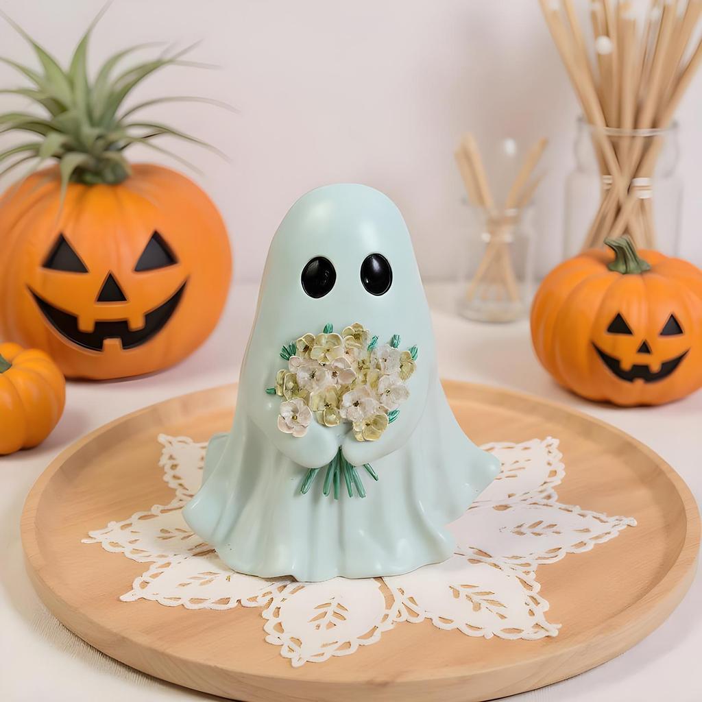 Ghost Figurine Resin Ghost Halloween Decor With Flowers Spooky Decoration Ornament Figure For Tabletop Entryway Bedroom Living