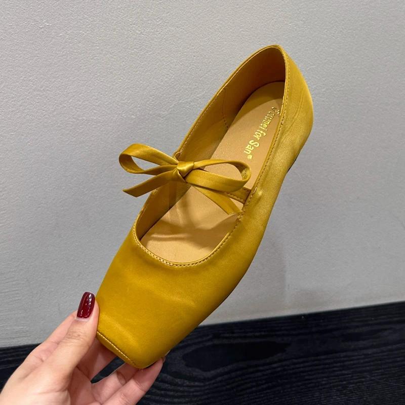 

Fashion Women Ballet Dance Flats Shoes Square Toe Bow Shallow Woman Sandals New Summer 2025 Designer Dress Cozy Sport Chaussure Femme 40 жёлтый
