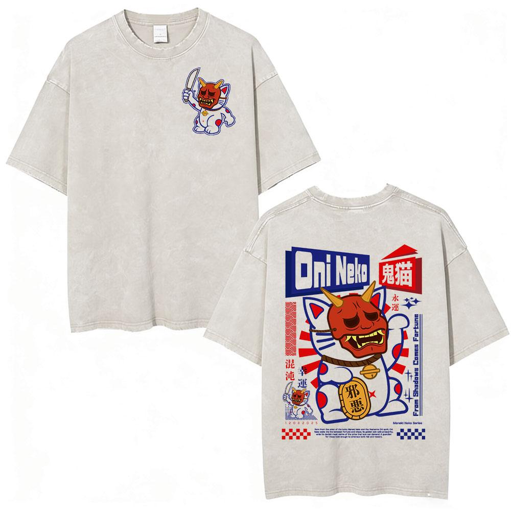 

Vintage Acid Washed Oni Neko Kawaii Cat T-shirt Japanese Style Men Women Fashion Short Sleeve Cotton Casual Loose T Shirts Tops S разноцветный