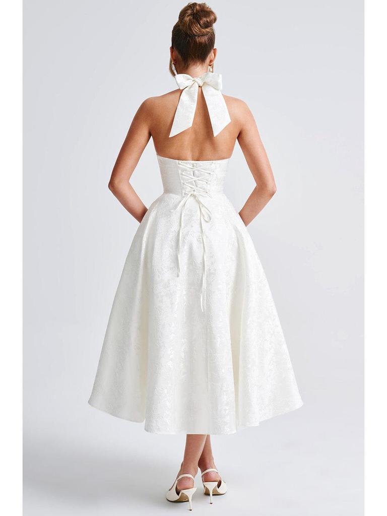2026 Women's Exquisite Jacquard Halter Deep V High Waist A-line Dress