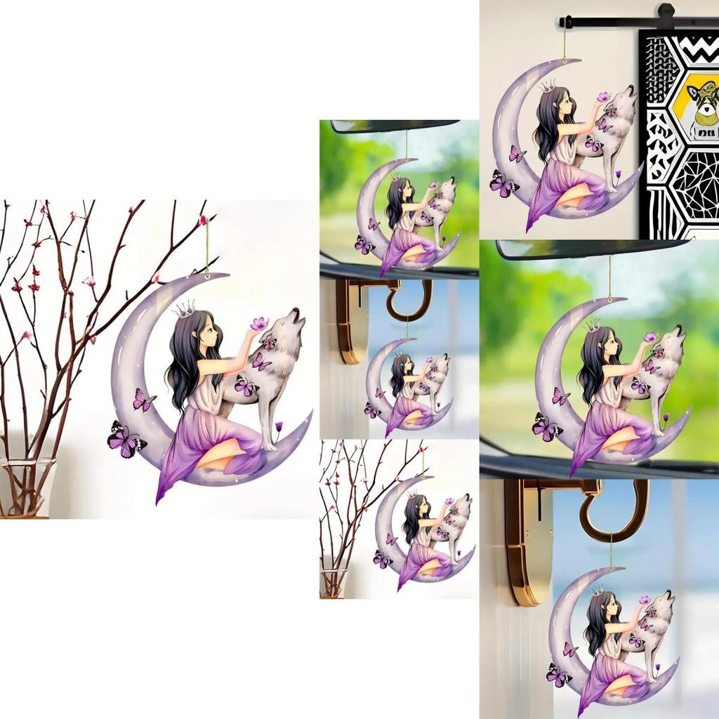 Colorful Acrylic Cartoon Floral Moon Girl Wolf Butterfly Car Pendant For Unique Auto Style
