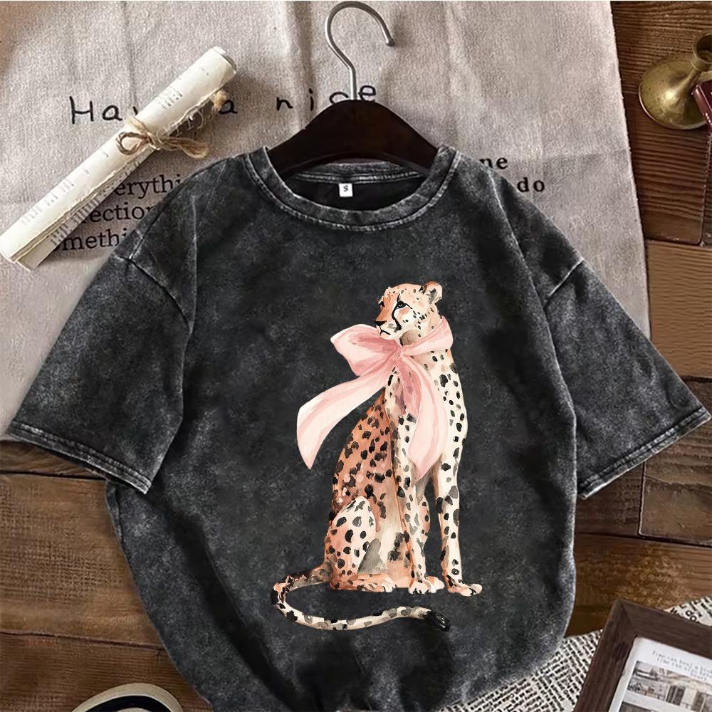 T-shirt Oversize Noir Lavé Vintage Style Léopard Streetwear Coton Manches Courtes Col Rond