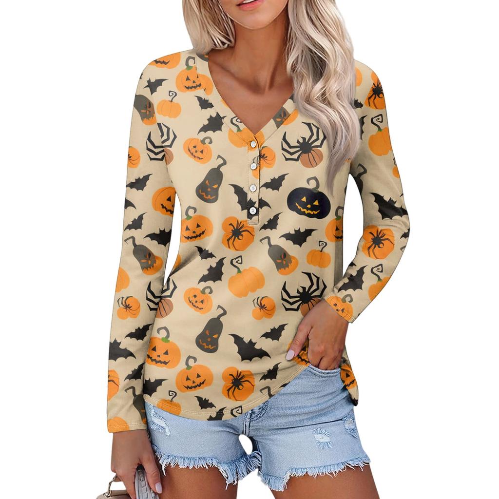 Women's Casual Fashion Sexy Comfort Halloween Printed V-Neck Button Long Sleeve