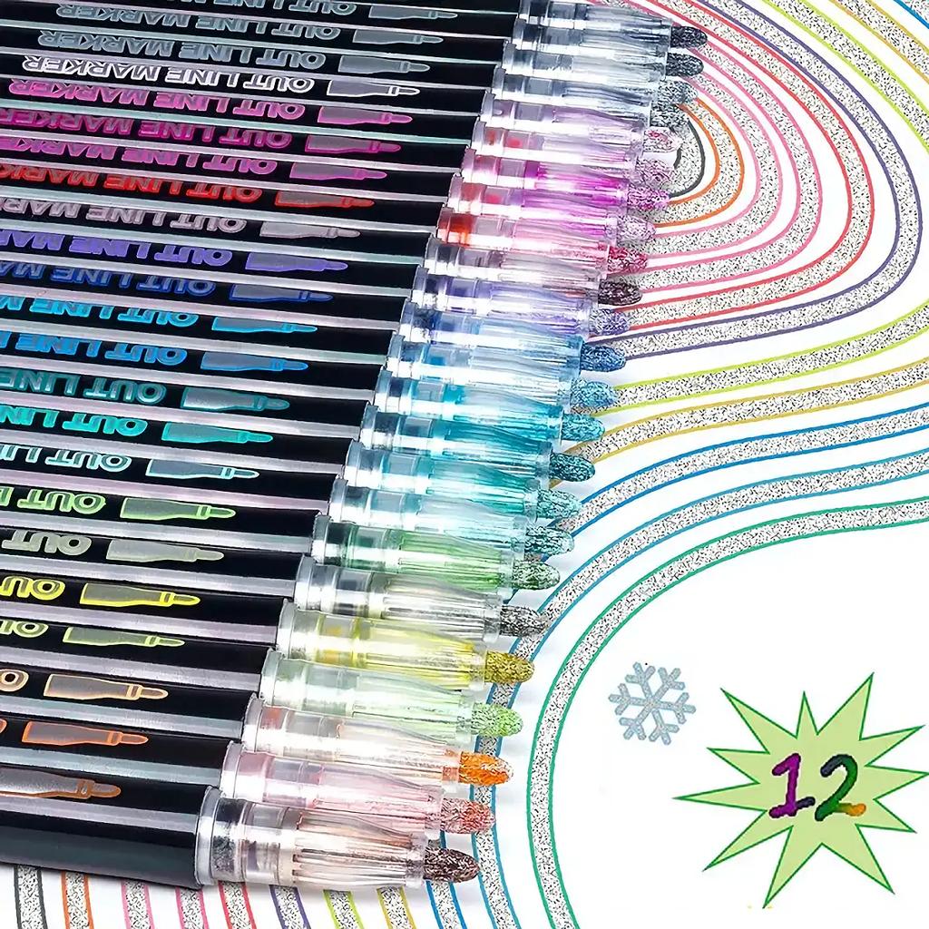 8/12/24/36/48 Colors double line outline Metallic Highlighter marker pens, Squiggles Double Line Pen, Magic Glitter Drawing Pens