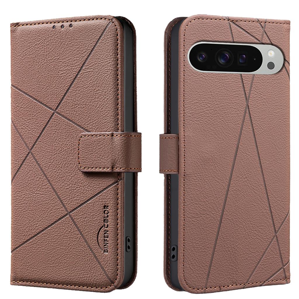 For Google Pixel 9 Pro XL Case BINFEN COLOR BF35 Geometry Imprinted Leather Phone Cover RFID Blocking Wallet Stand