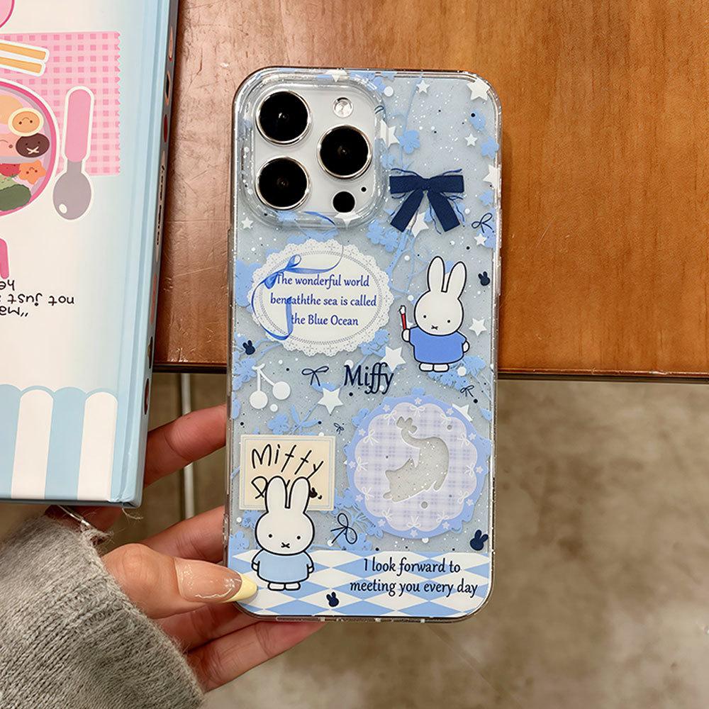 Applicable To Apple 16pro Cute Miffy 13 Cartoon Mobile Phone Case Large Hole Transparent Iphone15 Glitter Protective Case