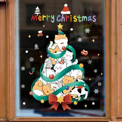 Christmas Decoration New Year Static Window Sticker 2025 Cartoon Cat Dog Animals Christmas Tree Window Stickers for Kids Room