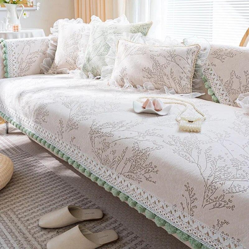 Ball Tassel Sofa Cushion Four Seasons Anti Slip Clean Seat Cushion Mat Plant Flower Light Green Color Daybed Cover Cloth Towel