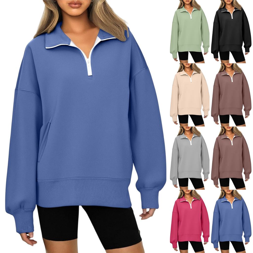 Fashionable Ladies Zipper Lapel Solid Color Pocket Casual Sweatshirt