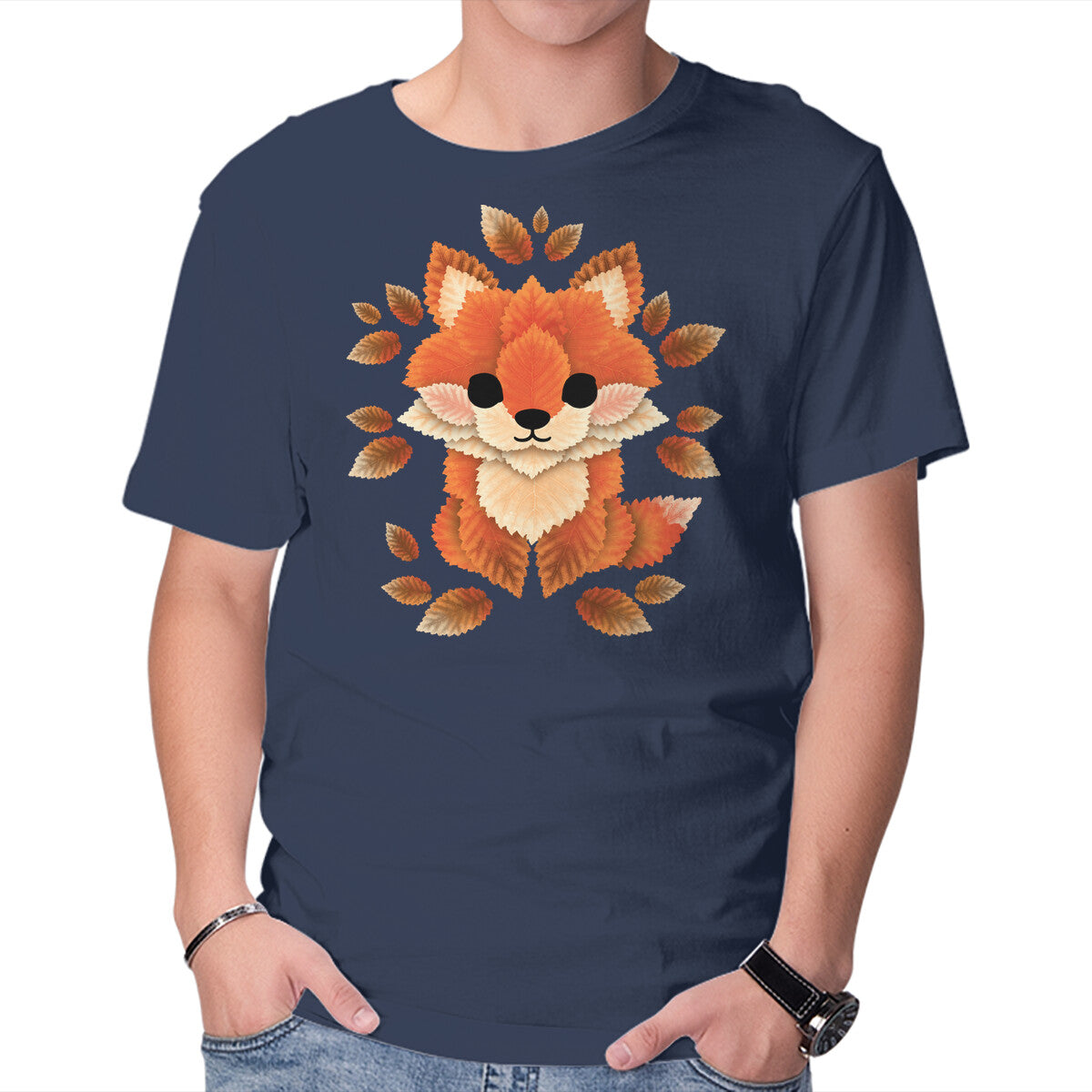 Unisex Crew Neck T-Shirt Little Fox Of Leaves Graphic Short Sleeve Casual Tee L