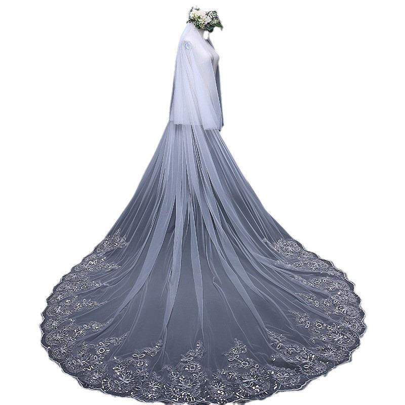 European Style Sequin Lace Long Train Bridal Veil with Blusher