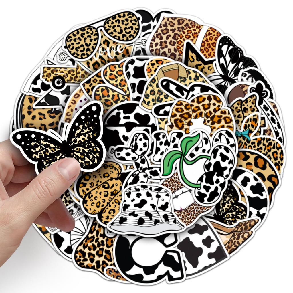 50-Pack Waterproof Leopard & Cow Print Graffiti Stickers for Skateboards, Phone Cases, and Suitcases