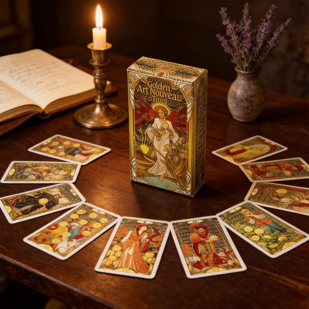 Goldenes Jugendstil Tarotkarten-Deck Mit Rätseln Für Emotionale Und Gedankliche Entwicklung