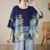 Summer Cotton Linen Blouse Ethnic Style Bat Sleeve Loose Large Size Women's Round Neck T-shirt
