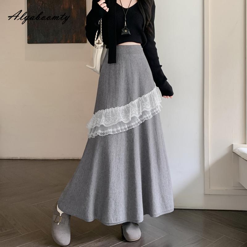 

Юбка А-силуэта в корейском стиле для осени и зимы, женская, с высокой талией, бежевая, серая, с кружевом, оборками, вязаная юбка, элегантная, женственная, вязаные юбки женские One Size серый