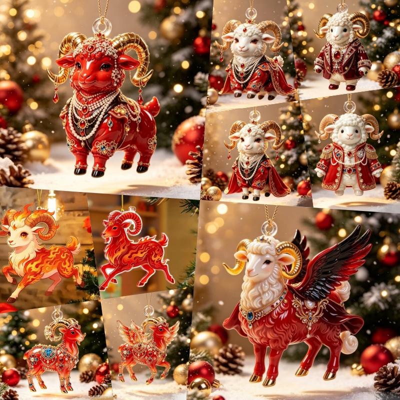 2D Flat Acrylic Hanging Ornament Red Gold Winged Goat Acrylic Pendant Christmas Tree Decoration Lunar New Year Holiday Gift