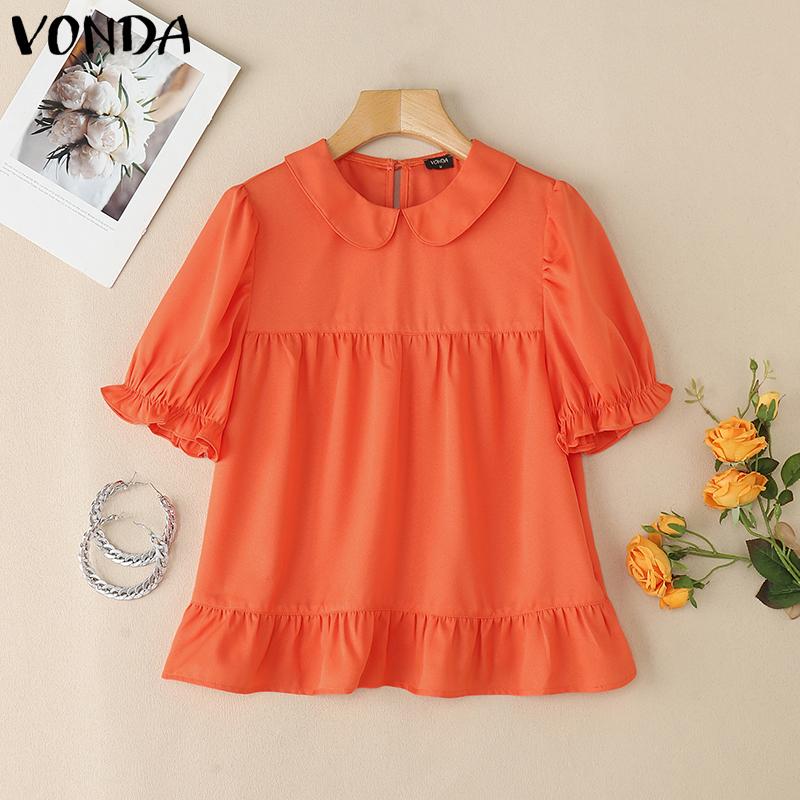 VONDA Women Lapel Neck Blouse Short Sleeve Ruffled Casual Summer Tops