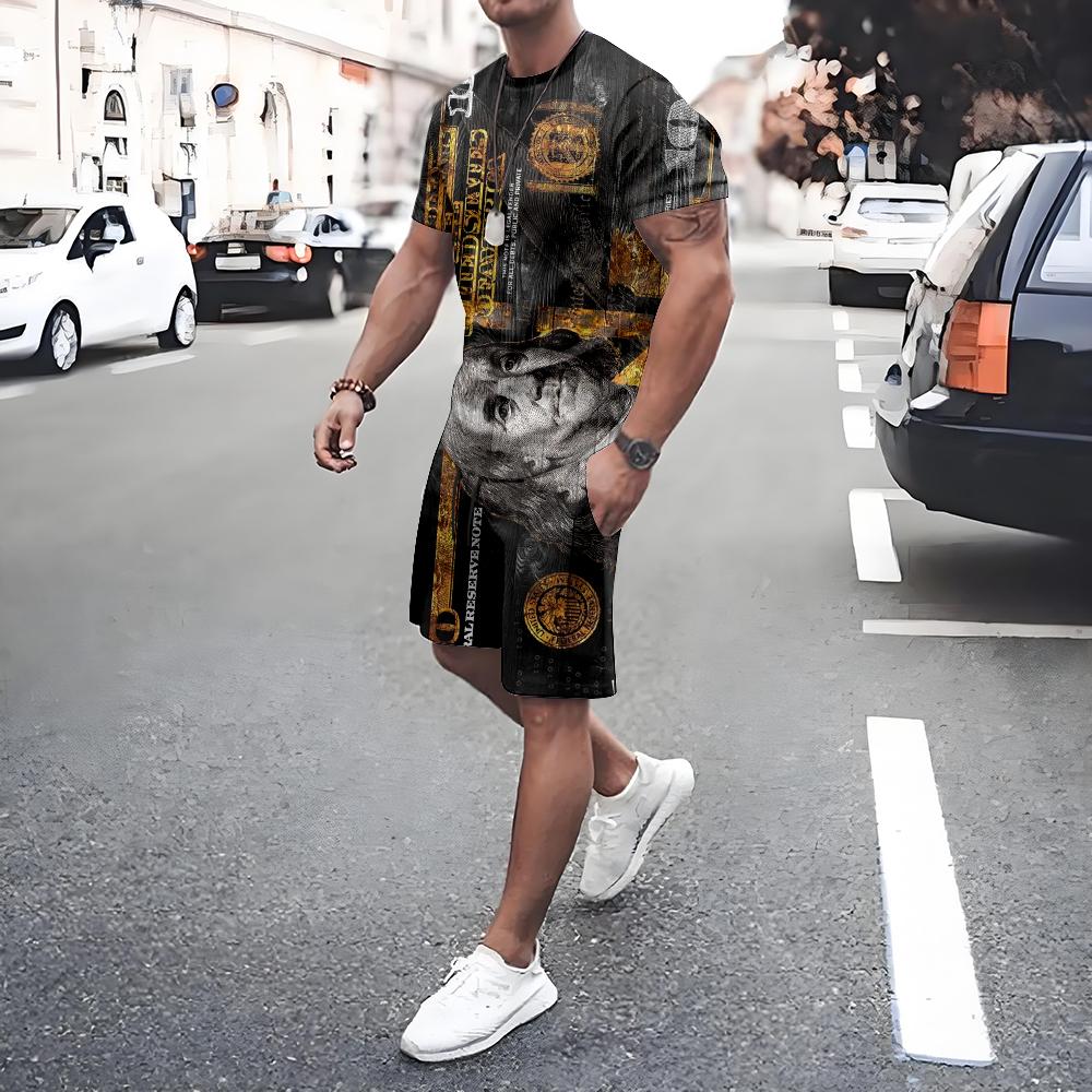 American Flag Print Short Sleeve Tee Shorts Set Casual Men's T-shirt Shorts 2-piece Set Quick Drying Breathable Mesh T Shirt